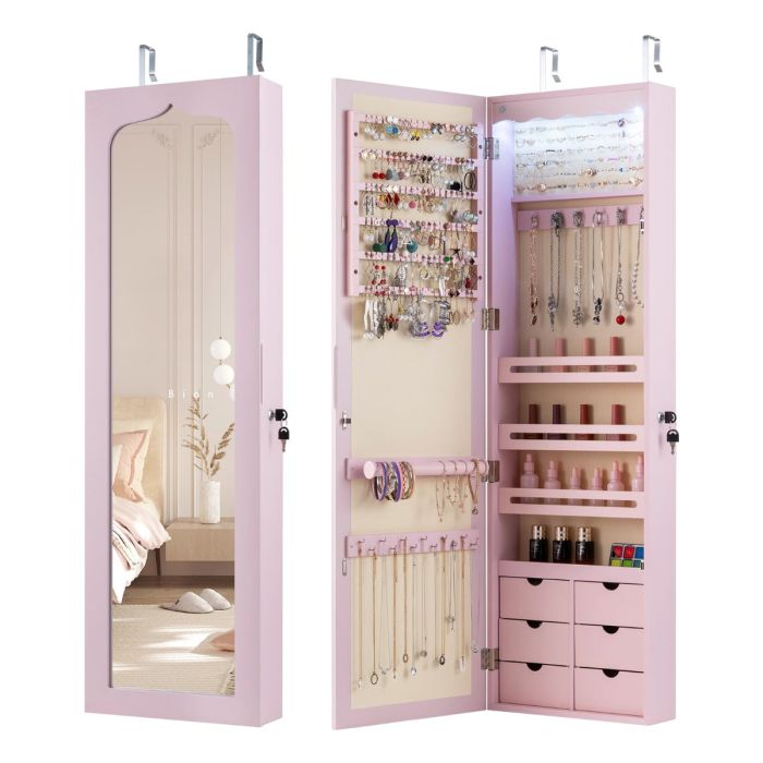 ZIVENA Wall Mounted Jewellery Armoire with LED Light-Pink