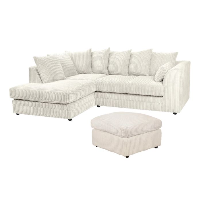 MONA Jumbo Cord 4 Seater L Shaped - Left Hand Facing Corner Sofa with Footstool - Cream