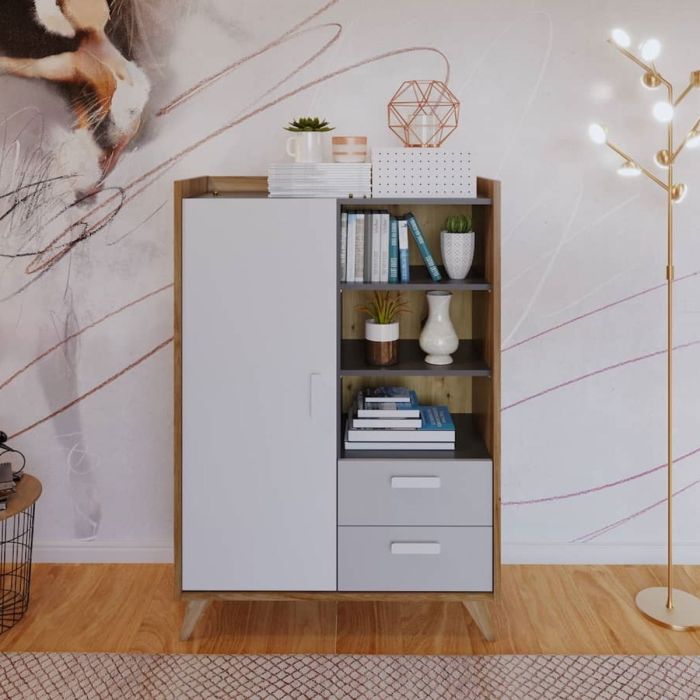 Bitternut 2 Drawer 1 Door Cabinet - White and Oak