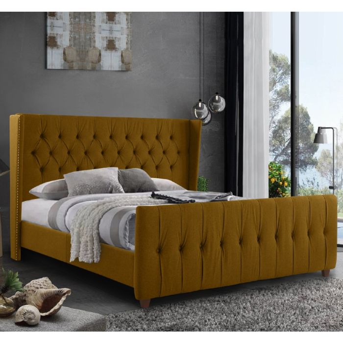 Clarita Plush Velvet Bed - Mustard in 5 Sizes