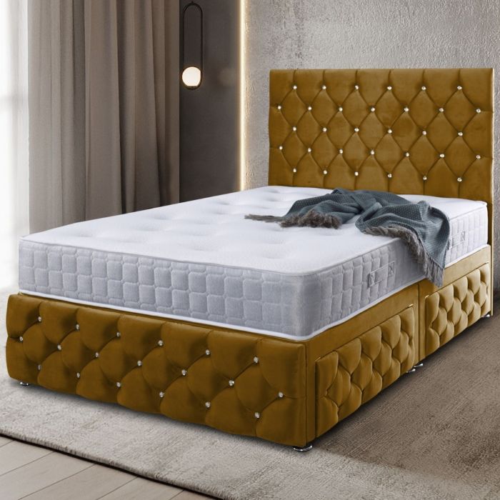 Kenisa Divan Plush Velvet Bed - Mustard in 5 Sizes