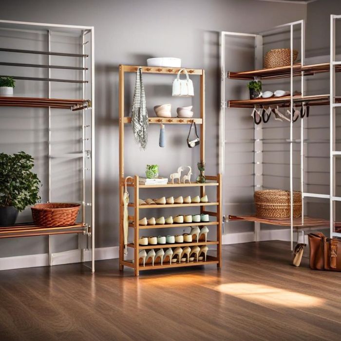 XYLVIAN Coat Stand Wooden Hat and Coat Rack with 5 Tiers and Shoe Storage - Natural