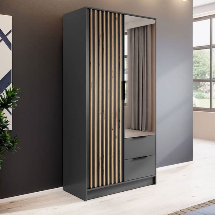 Wardrobe - ORION 2 Door Mirrored Wardrobe Graphite 105cm