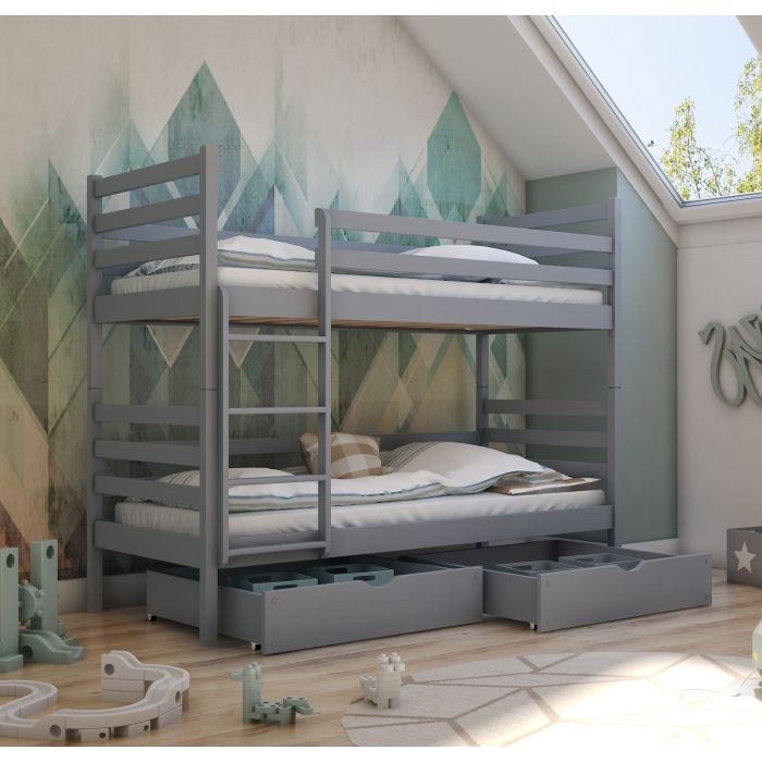Naomi Wooden Bunk Bed with 2 Drawers Storage - Grey