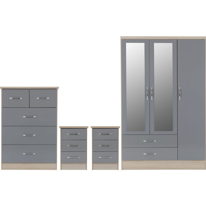 Wardrobe Set - NEWBIGGIN 3 Door Bedroom Set Grey Gloss Light Oak Effect Veneer 116cm