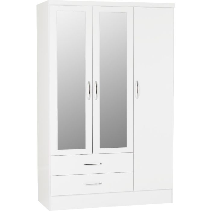 Wardrobe - NEWBIGGIN 3 Door Mirrored Wardrobe White Gloss 116cm