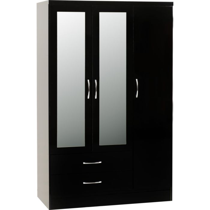 Wardrobe - NEWBIGGIN 3 Door Mirrored Wardrobe Black Gloss 116cm