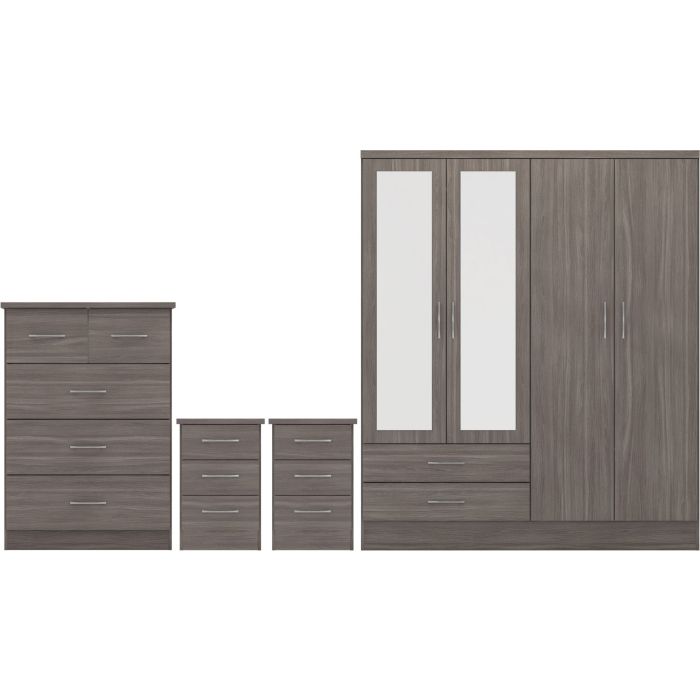 Wardrobe Set - NEWBIGGIN 4 Door Bedroom Set Black Wood Grain 154cm