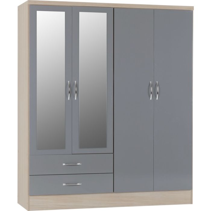 Wardrobe - NEWBIGGIN 4 Door Mirrored Wardrobe Grey Gloss with Light Oak 154cm