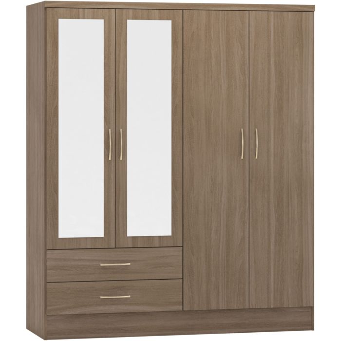 Wardrobe - NEWBIGGIN 4 Door Mirrored Wardrobe Rustic Oak Effect 154cm