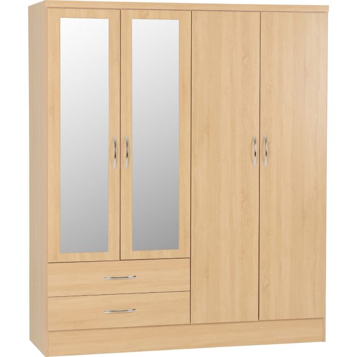 Wardrobe - NEWBIGGIN 4 Door Mirrored Wardrobe Sonoma Oak Effect 154cm