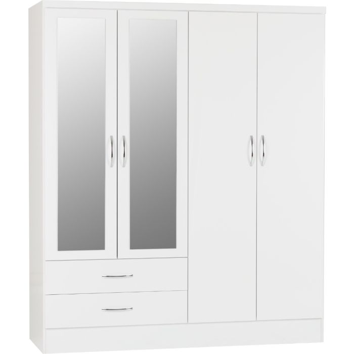 Wardrobe - NEWBIGGIN 4 Door Mirrored Wardrobe White Gloss 154cm