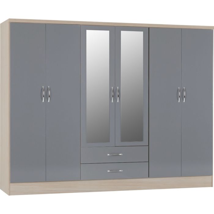 Wardrobe - NEWBIGGIN 6 Door Mirrored Wardrobe Grey Gloss with Light Oak 230cm