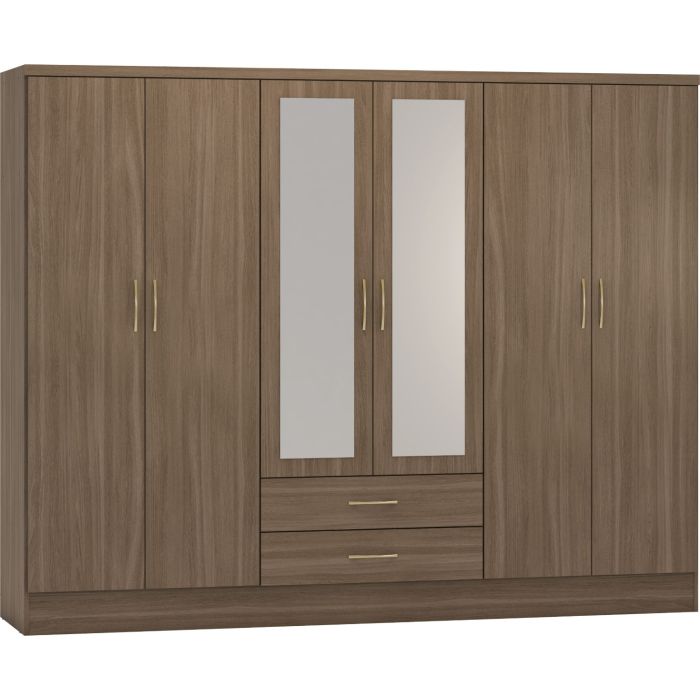 Wardrobe - NEWBIGGIN 6 Door Mirrored Wardrobe Rustic Oak Effect 230cm