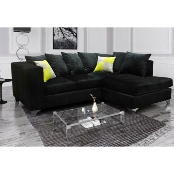NEYMAR Plush Velvet 4 Seater L Shaped - Right Hand Facing Corner Sofa - Black