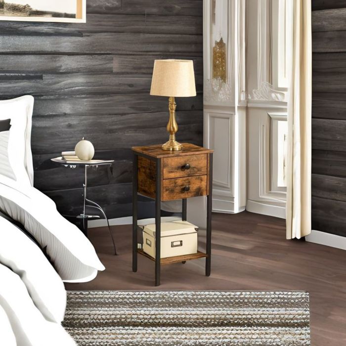 ROVESTA Bedside Table Slim Nightstand with 2 Drawers - Rustic Brown