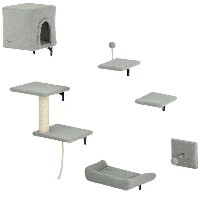 PAWSTER 6 Piece Cat Wall Shelves Set with Condo Grey