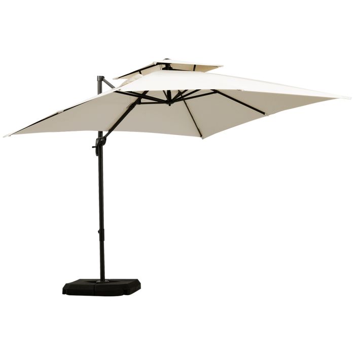 3 x 3M Garden Cantilever Parasol with Crank and Tilt, Square Overhanging Patio Umbrella with 360° Rotation, Base Weights and Cover, Beige