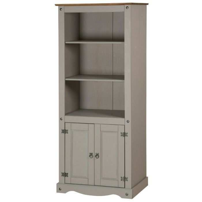Corona Solid Pine Bookcase  2 Door Cabinet - Grey Wax