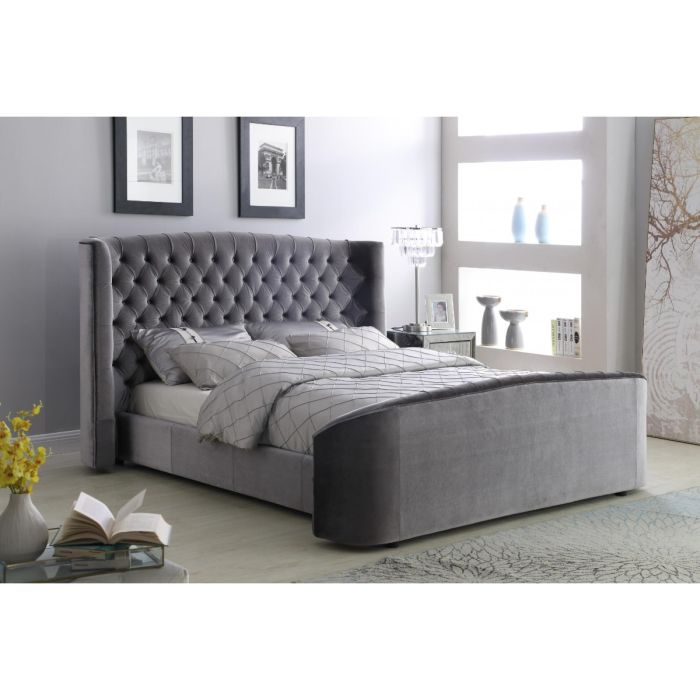 Montrose Collection Silver Velvet Fabric Bed Frame with Stylish High Headboard - Double