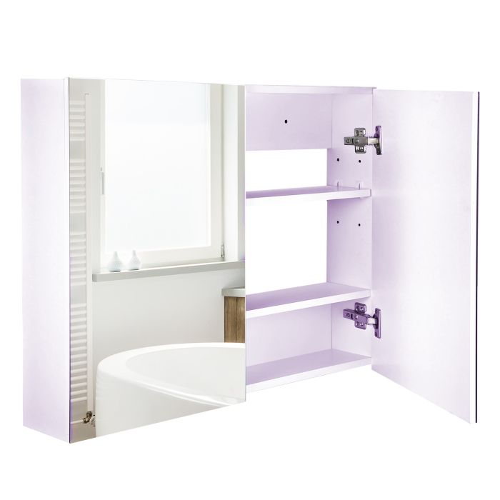 Double Door Wall Mounted Glass Mirror Cabinet Modern Storage Unit Bathroom Shelf Organiser Waterproof Wooden Frame 80Lx60Hx15D(cm)