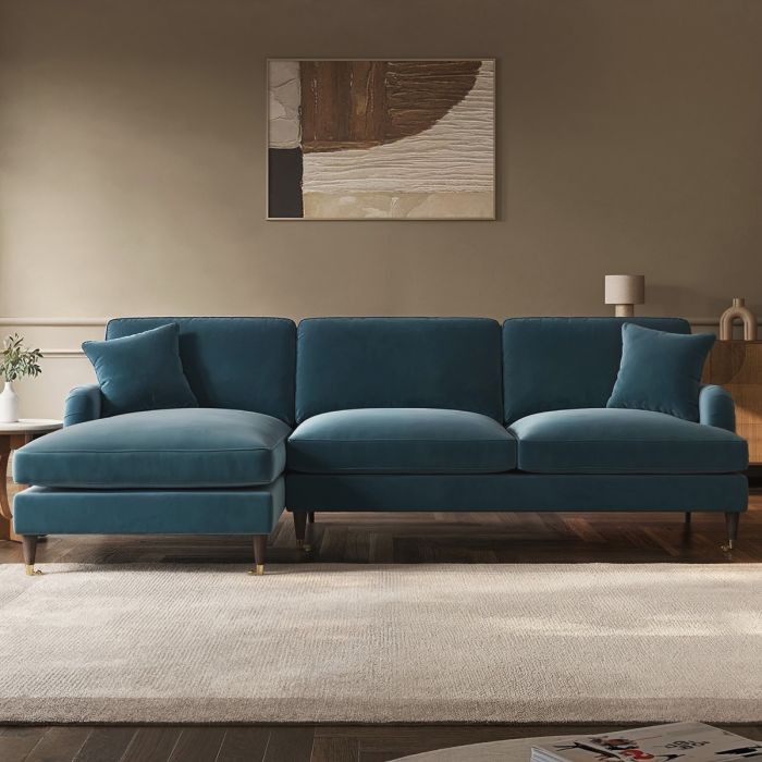 PAYTON Velvet 4 Seater L Shaped Fullback Corner Sofa - Blue, Left Hand Facing