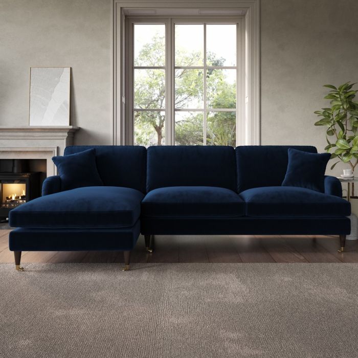 PAYTON Velvet 4 Seater L Shaped Fullback Corner Sofa - Navy Blue, Left Hand Facing