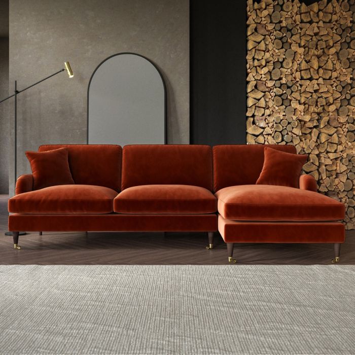 PAYTON Velvet 4 Seater L Shaped Fullback Corner Sofa - Burnt Orange, Right Hand Facing