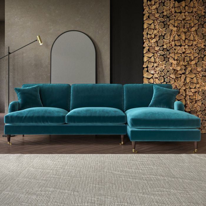 PAYTON Velvet 4 Seater L Shaped Fullback Corner Sofa - Teal, Right Hand Facing