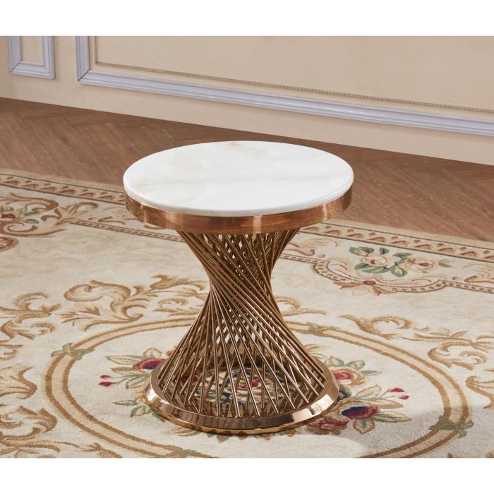 Fontana Luxe Natural Stone Round Marble Effect Lamp Table with Stainless Steel in Rose Gold Base
