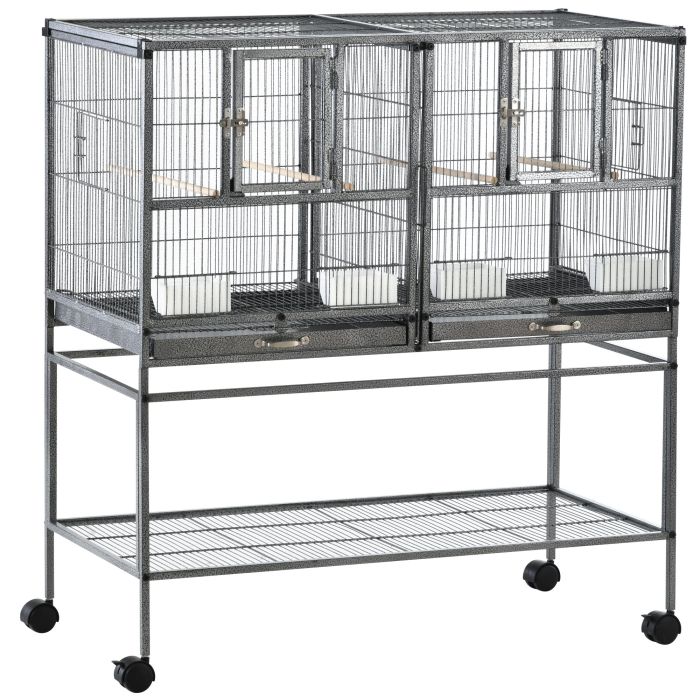 Double Rolling Metal Bird Cage Parrot Cage with Removable Metal Tray, Storage Shelf, Wood Perch, and Food Container