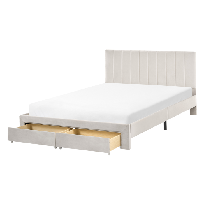 RENZA Double Velvet Bedframe with Storage Drawers - Off-White