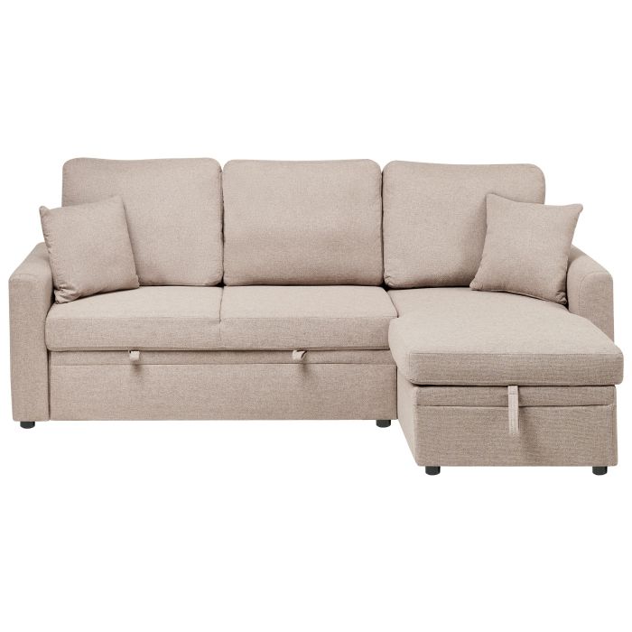 GRIMDON Faux Linen 3 Seater L Shaped Corner Sofabed - Light Brown, Right Hand Facing