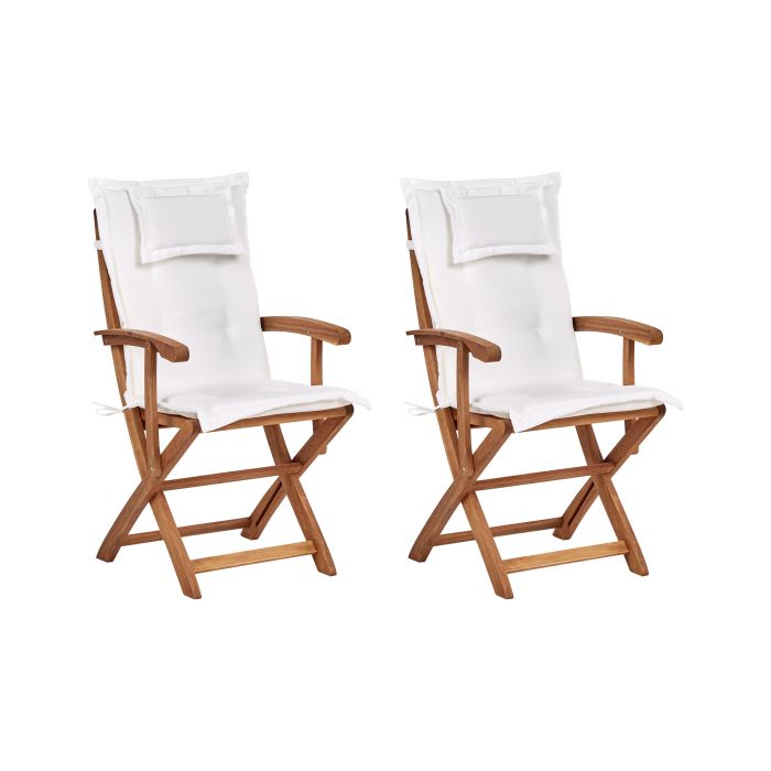 Set of 2 Garden Chairs with Cushions MAUI II Acacia Wood Off-White