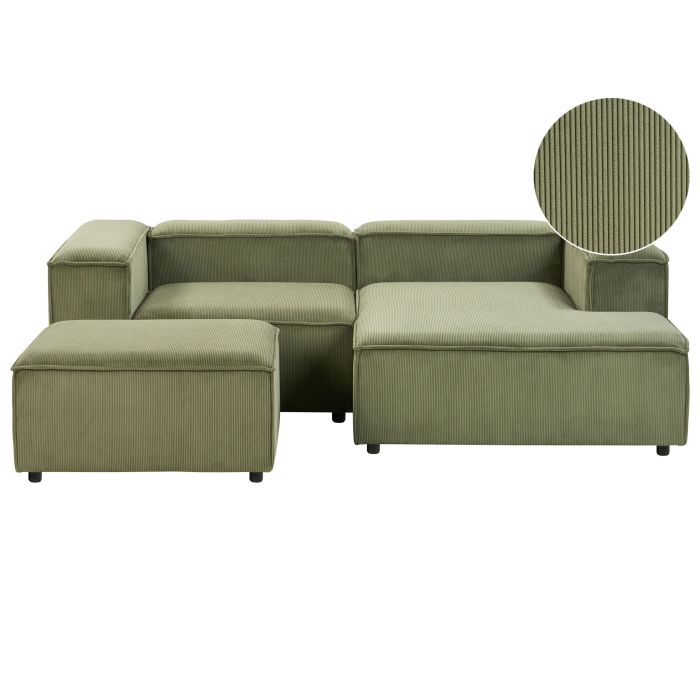 Left Hand 3 Seater Modular Jumbo Cord Corner Sofa with Ottoman Green ARDAL