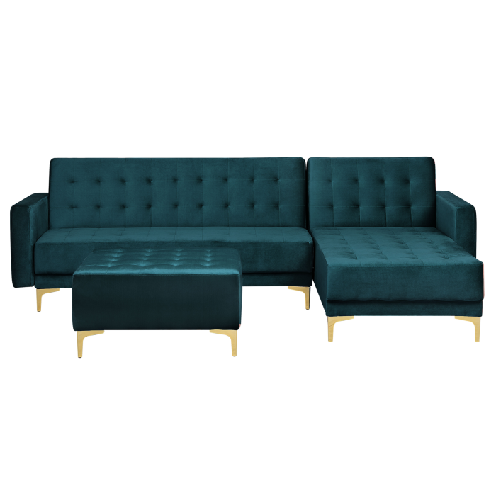 ABERVON Velvet 4 Seater L Shaped Corner Sofa Bed with Ottoman - Teal, Left Hand Facing