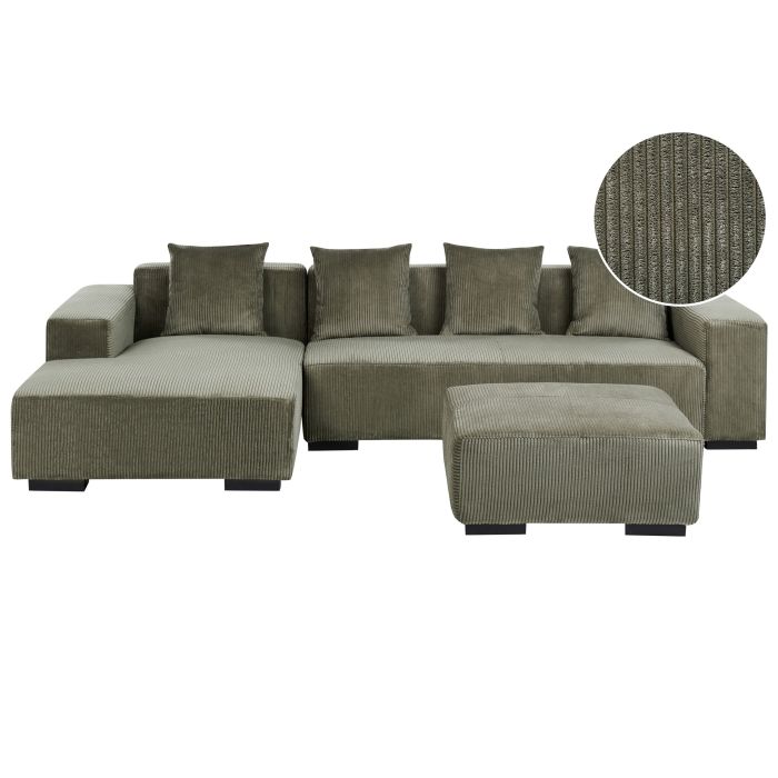 Right Hand Jumbo Cord Corner Sofa with Ottoman Green LUNGO