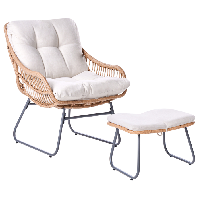 YORAVELL Rattan Garden Chair with Footstool - Light Beige