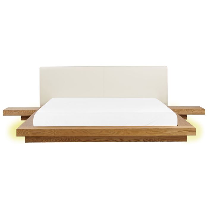 KEWI Bedframe with LED Faux Leather 180 x 200cm EU Super Kingsize Bed Natural Ash Wood