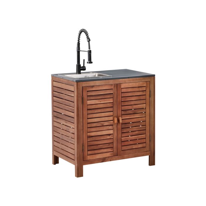 HORNWELL Wooden Outdoor Kitchen Cabinet with Sink - Brown with Black
