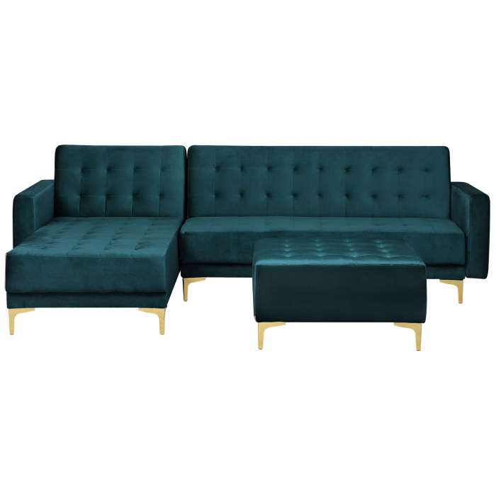 ABERVON Velvet 4 Seater L Shaped Corner Sofa Bed with Ottoman - Teal, Right Hand Facing