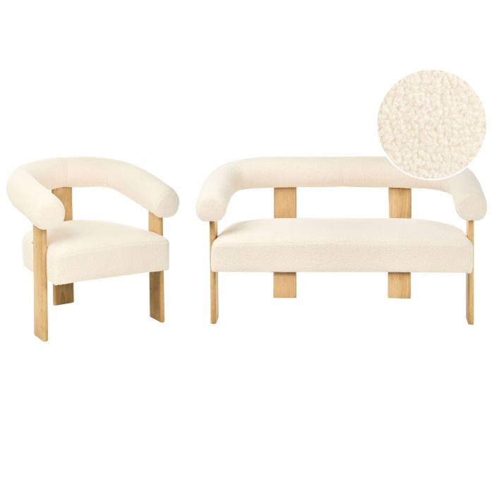 COBDEN Boucle Fabric 2 Seater Sofa and Armchair Sofa Set - Off White with Light Oak