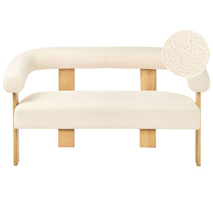 COBDEN Boucle Fabric 2 Seater Sofa - Off White with Light Oak