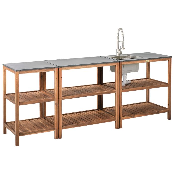 HORNWELL Wooden 3 Piece Outdoor Kitchen Set with Sink 80 cm - Brown with Silver