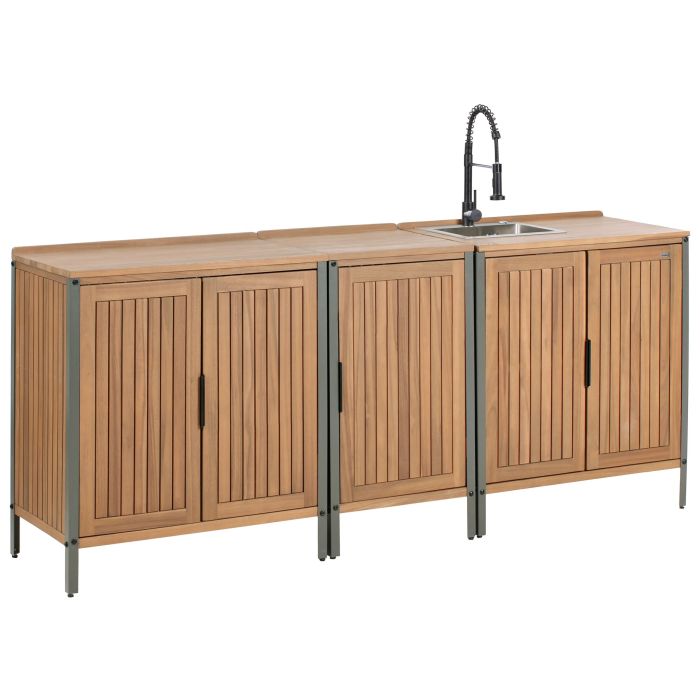HORNLEIGH Wooden 3 Piece Outdoor Kitchen Set Sink with Cabinet - Brown with Black