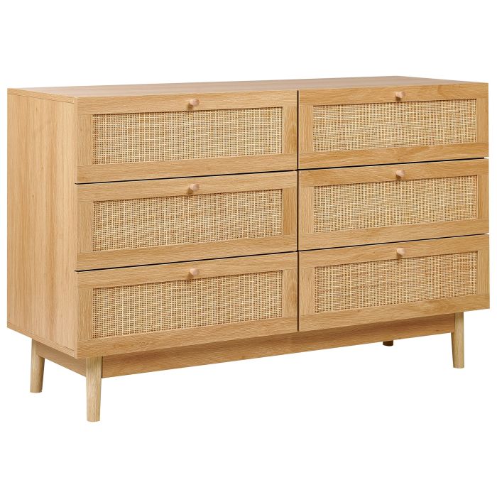 PIVO Oak Finish Rattan Chest of Drawers - Large-sized, 6 Drawers, Double