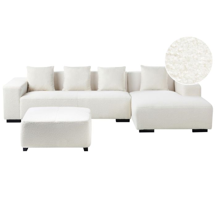 Left Hand Boucle Corner Sofa with Ottoman White LUNGO