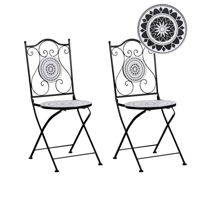CSMIOO Set of 2 Garden Chairs Folding Metal Black/ White