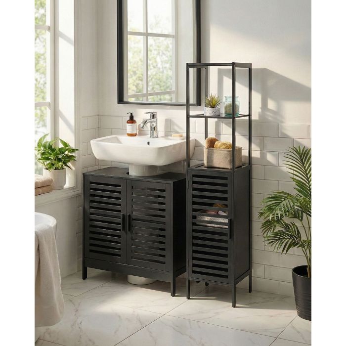 BIYUXO Bamboo Wood Bathroom Shelving Cabinet - Black