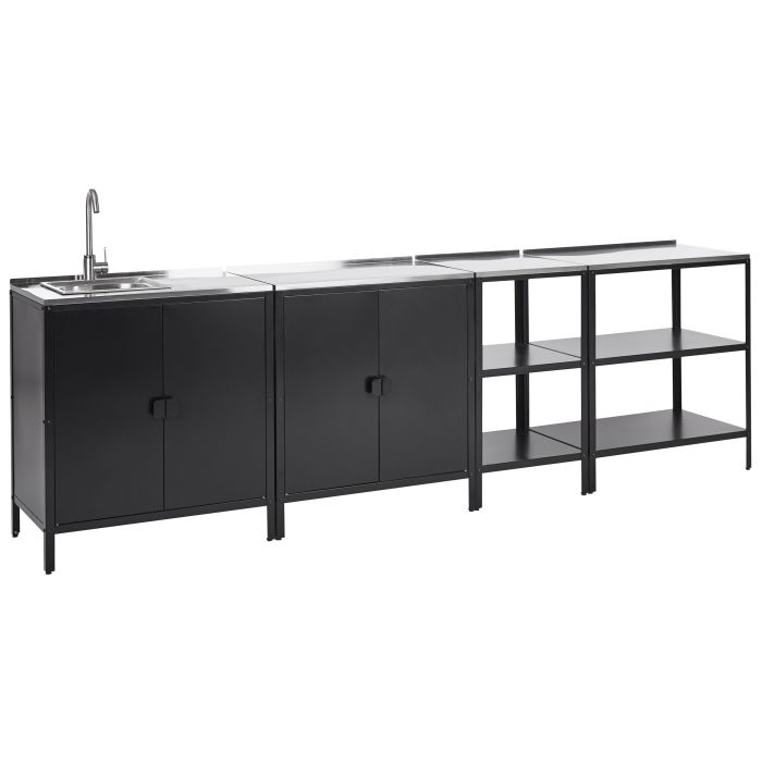 4 Piece Outdoor 2 Kitchen Islands and 2 Cabinets Set with Sink Black VILAMA